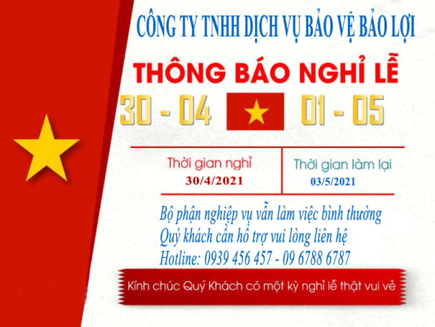 Công ty dịch vụ bảo vệ Bảo Lợi Thông Báo Nghỉ Lễ